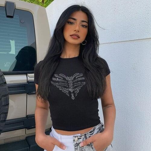 Womens Ribbed T-Shirts Fashion Short Sleeve Round Neck Heart Skeleton Rhinestone Crop Tops Summer Casual Ladies Tees