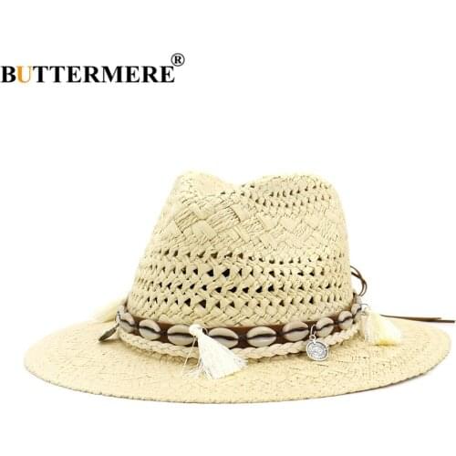 BUTTERMERE Womens Summer Hats Panama Sun Hat Hand Knitting Straw Hat Ladies Beach Sombrero Outdoor Male Female Fedora Summer Hat