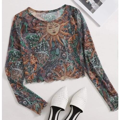Women Fashion Sun Moon Printed Sheer Mesh See Through Graphic T Shirts Sun Protection Long Sleeve O Neck Crop Top Рубашки #YJ