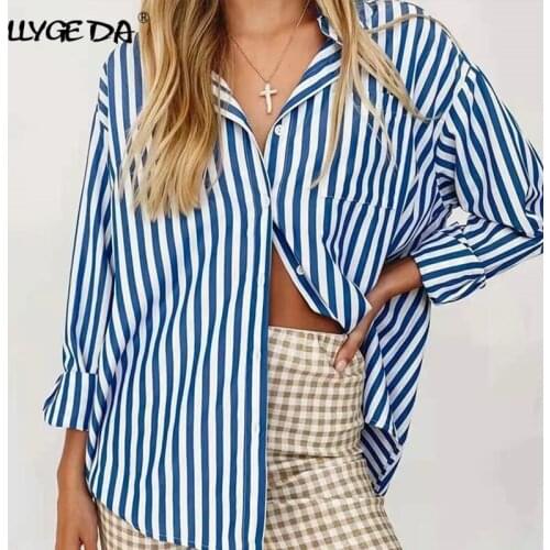 Stripe Splicing Women Shirt Long Sleeve Turn Down Collar Womens Shirts Summer Casual Fashion Woman Blouses 2021 New Top Woman