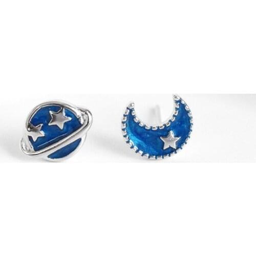 Blue Planet Creative Star Moon Asymmetry 925 Sterling Silver Temperament Personality Trendy Female Stud Earrings SEA112