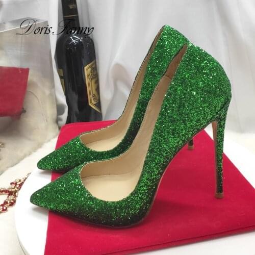 Doris Fanny Closed toe green glitter shoes party wedding women high heel shoes sexy stilettos women pumps