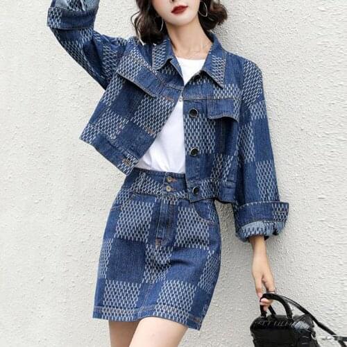 Autumn Casual Jeans Suit Women Denim Two Pieces Set Blue Long Sleeve Jeans Jacket Coat Top&Pencil Skirt Casual Tracksuit Outfits
