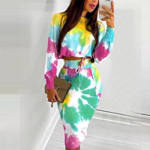 Autumn Two Piece Set Women Fashion Printing Long Sleeve Tshirt Skirt Suit Ladies Casual Two Piece Suit