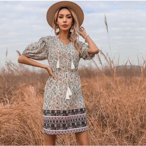 Summer Chic Floral Women Bohemian Short Dress V Neck Short Sleeve Tassel Slim Waist Ladies Mini Holiday Boho Dresses Print 2021