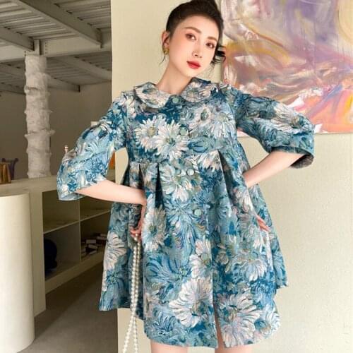 2021 Summer New Monet Garden Oil Painting Blue Puff Sleeve Vintage Puffy Jacket Dress Women Single-Breasted Sweet Dress