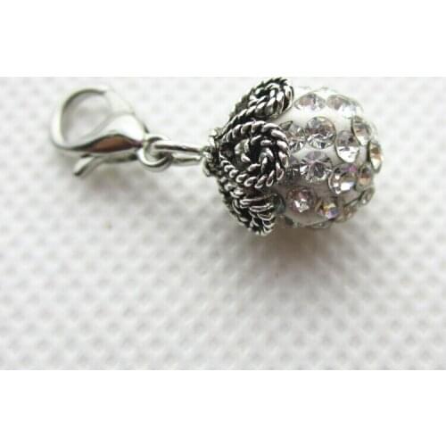 Hot selling 10pcs/lot white rhinestone crystal round dangle charms lobster clasp charms glass floating lockets