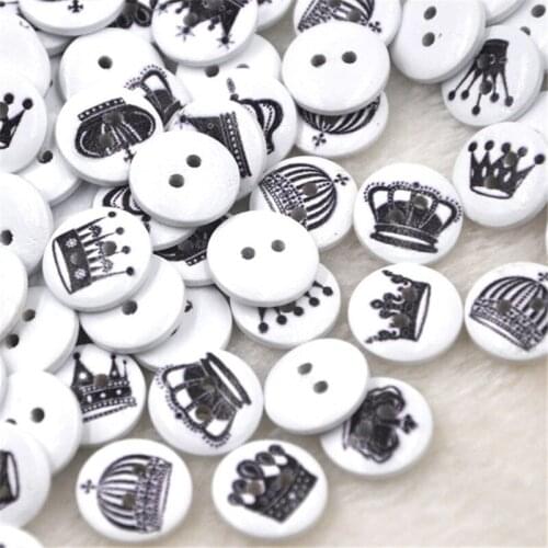 100pcs White Print Imperial crown Wood Buttons Clothing Sewing 15 mm WB329