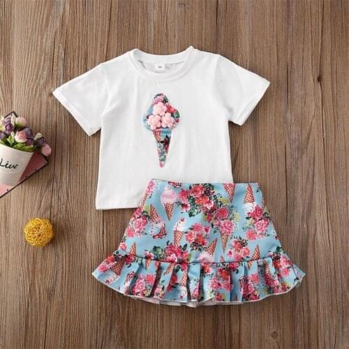 CANIS Summer Toddler Kids Baby Girls Short Sleeve Top T-shirt Ruffles Printed Skirts Summer Outfit Clothes Sets 2PCS