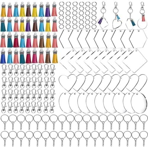 200Pcs Acrylic Keychain Blanks with Tassels Kit Bulk, Snap Hooks Mini Tassels Jump Rings for DIY Projects & Crafts