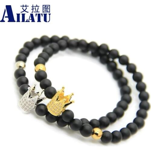 Ailatu Wholesale 10pcs High Grade 6mm Matte Onyx Stone Advanced Plated CZ Crown Beads Bracelet Jewelry