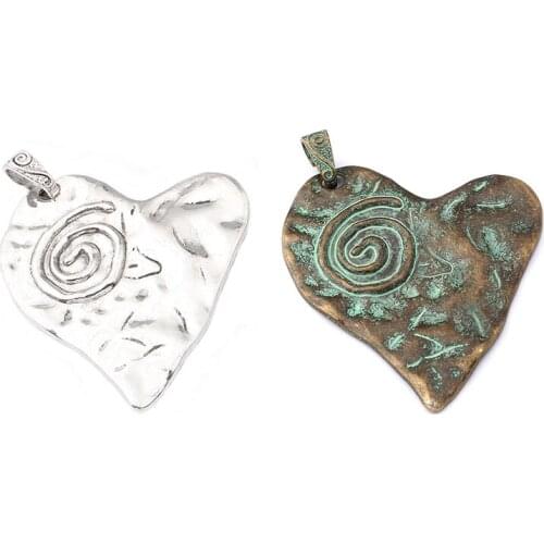 2PCS Antique Large Carved Spiral Swirl Charms Hammered Heart Pendants for Necklace Jewelry Findings
