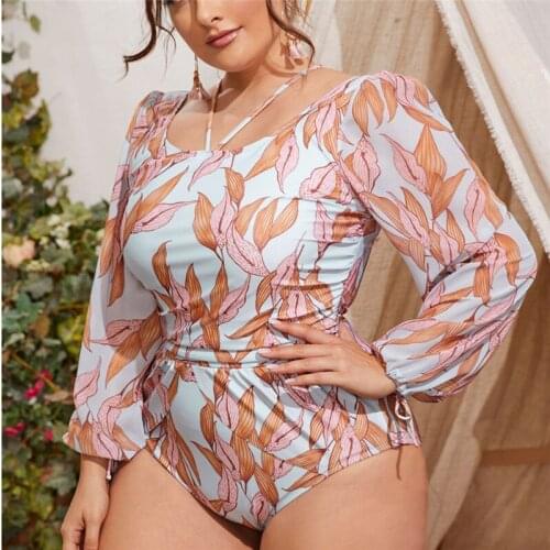 4XL Sexy Chiffon Long Sleeve Bikini One Piece Swimsuit Women Swimwear Push Up Monokini Summer Beach Bodysuit Print Bathing Suit