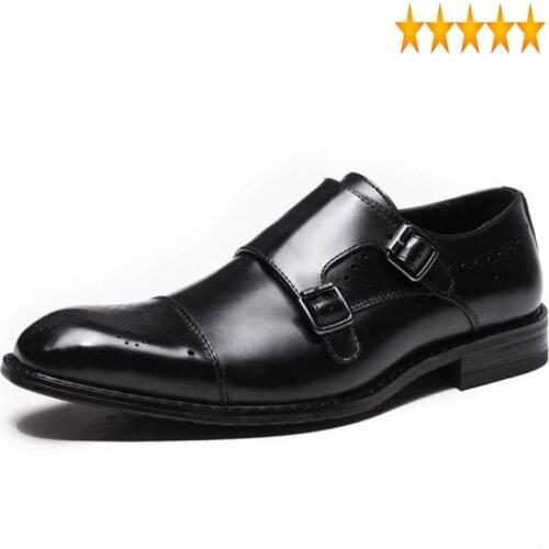 Business Casual Leather England Men Double Buckle Brogues Brown Dress Zapatos 2021 Fashion Breathable Wedding Derby Shoes