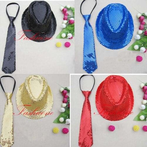 Children Adult Sequin Jazz Hat Necktie Neck Tie Stage Performance Show Props Party Hats Christmas Halloween