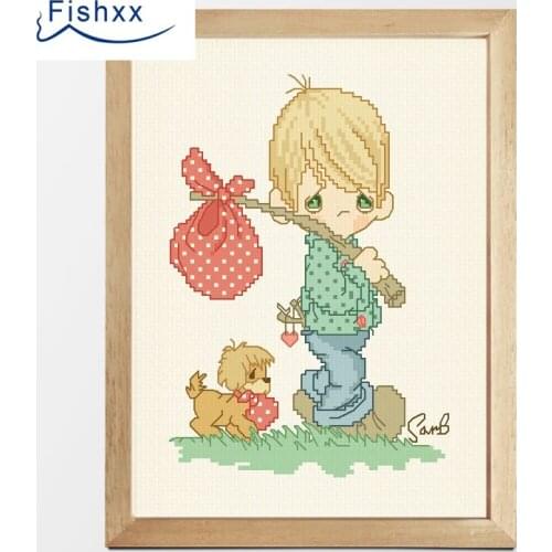 European Style Hanging Pastoral Style Cartoon Characters Fishxx Cross Stitch Kit H014 Home Boy and Puppy DIY Embroidery