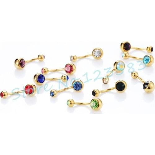 New Reverse Belly Button Ring Clear Navel Bar Gold Body Jewelry Piercing Double Crysatl Gem Pink AB CZ Red Blue Aqua 14G 316L