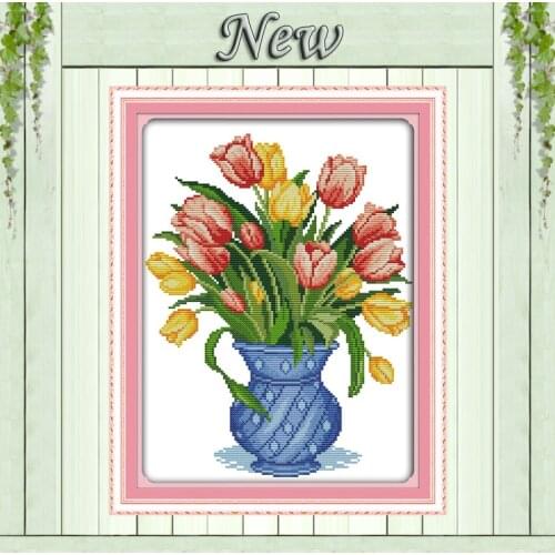 Colorful Tulip vase,Pattern print on canvas DMC 11CT 14CT Cross Stitch kit,needlework Set hand made embroidery.Beautiful Flower