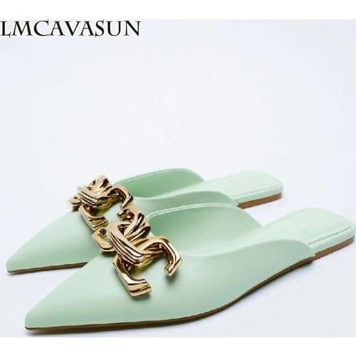 LMCAVASUN New products womens shoes flat elegant mules with metal buckle