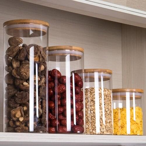 Multi-capacity Home Food Storage Box Transparent Glass Wooden Sealed Lid Box Kitchen Coffee Beans Jars Sealed Cans With Cover