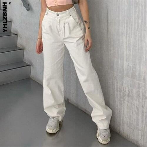 YHLZBNH Fashion Pocket Womens Jeans Streetwear High Waist Jeans Vintage Straight Harajuku 2020 Denim Pants Cargo Pants White