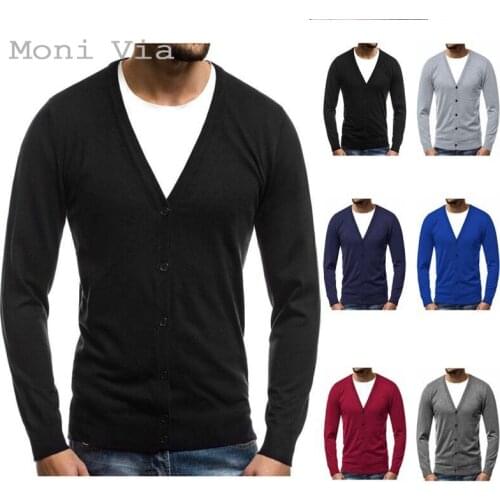 Fashion Mens Cotton Cardigan Spring Autumn V-Neck Solid Color Slim Knitwear European Style Casual Button Outwear Male Clothes