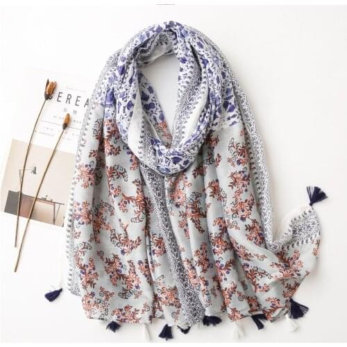 Antumn Large Shawl Scarf High Quality Flower Printed Patchwork Muslim Hijabs For Women Tassel Ladies Head Scarves