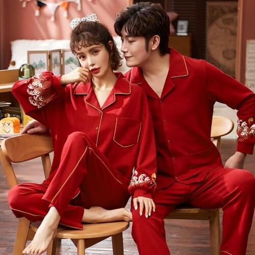 PUREcotton Turn-down Collar ButtonDown Long Sleeve Trousers Boy Girl Pajama Jammies Autumn Couples Lovers Nightwear Pyjamas NLZM