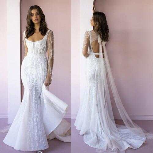 Luxury Mermaid Wedding Dresses Beading Sequins Square Neck Country Wedding Dress Bridal Gowns Plus Size Backless Abiti Da Sposa