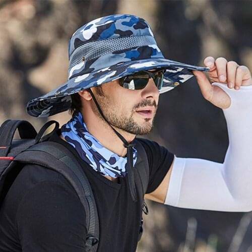 SILOQIN Summer Mens Mesh Breathable Bucket Hats Casual Jungle Camouflage Hat Panama Hat Wind Rope Fixed Travel Caps Fishing Cap