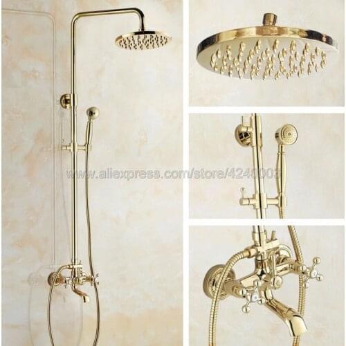 Solid Brass Double Handles Bathroom Mixer Tap Tub Swivel Spout Hand Shower Shower Faucet Gold Polished Kgf342