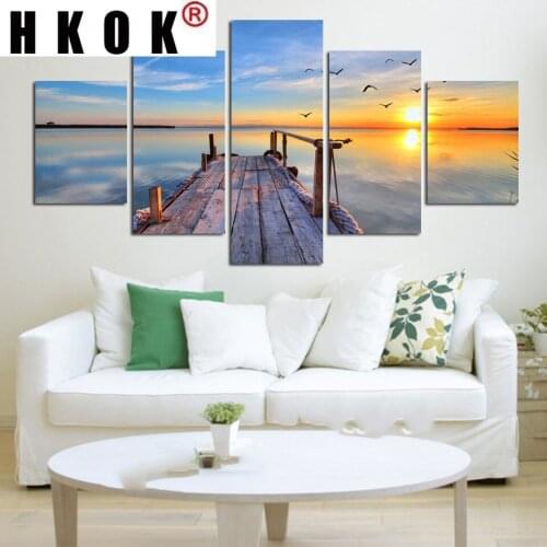 HKOK Modern Printed Pictures Framework Canvas Painting 5 Pcs Sunrise Sea Wood Bridge Poster For Living Room Wall Art Home Decor