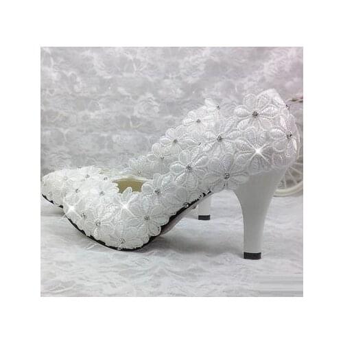 Wedding shoes women fashion handmade lace flowers bridal shoes custom handmade low high heels bridesmaid shoes woman