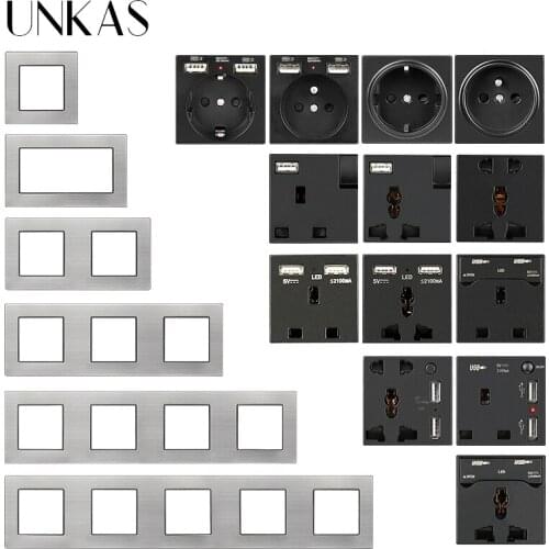 UNKAS Stainless Steel Panel EU French Socket Dual USB Charger Universal 5 Hole LED 3 Hole UK DIY Modules Free Combination Outlet