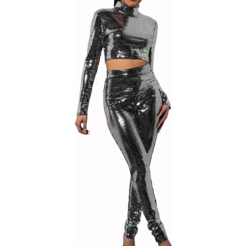 2020 Party Suit Sexy Sequin Charming Slim Two Piece Set Bodycon Long Pencil Pants Chic Streetwear Fancy Turtleneck Lady Clothes