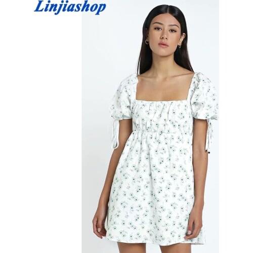 Green Floral Print Summer Dress Women Square Neck Backless Puff Sleeves Mini Dresses Female Casual Dress 2021 Vestidos