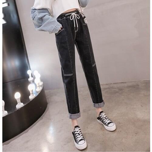 2020 Autumn Elastic Waist Lace up Patch Work Womens Jeans High Waist Trousers Cords Loose Cusaul Splice Denim Harem Pants Large