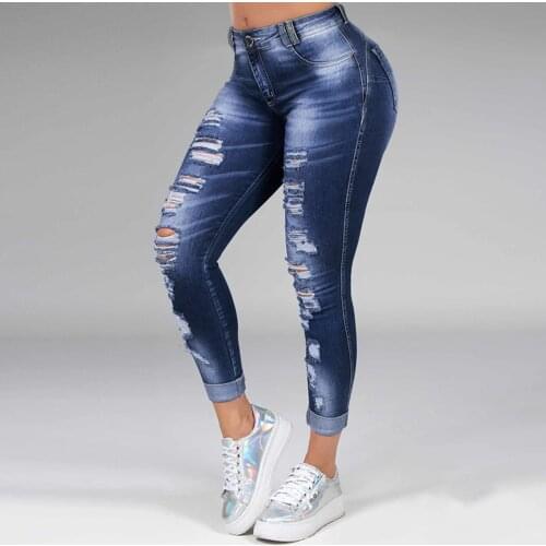Washed Ripped Jeans Women Plus Size S-5XL Korean High Waist Trousers Skinny Denim Jeans Black Blue Hollow Bleached Pencil Pants
