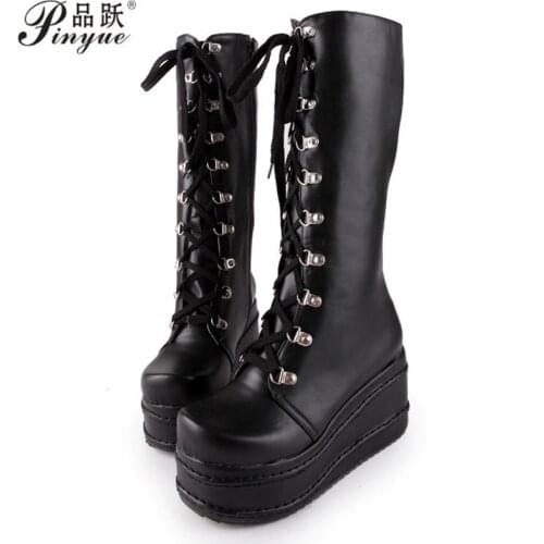 Large sizes 31-49 customized fashion punk cosplay boots woman shoes platform winter wedge high heel knee high boots
