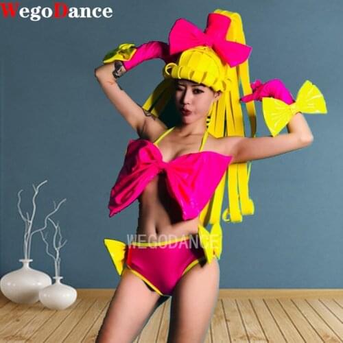 Women Nightclub Bar Singer Dj Ds Festival Stage Yellow Cute Ponytail Wig Bow Bikini Costume Party Wear Pole Dance Outfit