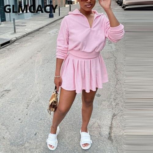 Women Two Piece Casual Tracksuits Long Sleeve Pullover Sweatshirt & Pleated Mini Skirt Set