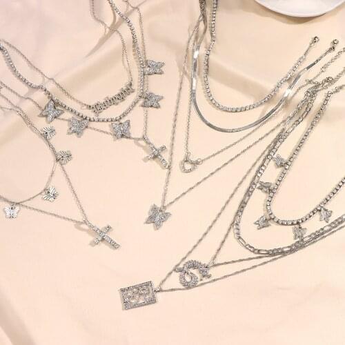 Punk Silver Color Butterfly Rhinestone Pendant Necklace For Women Multi-layer Crystal Dragon Clavicle Chain Necklace New Jewelry