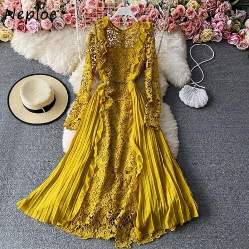 Neploe Elegant Lace Patchwork Hook Flower Chiffon Dress Women High Waist Hip A Line Long Vestidos Spring Long Sleeve Robe Solid