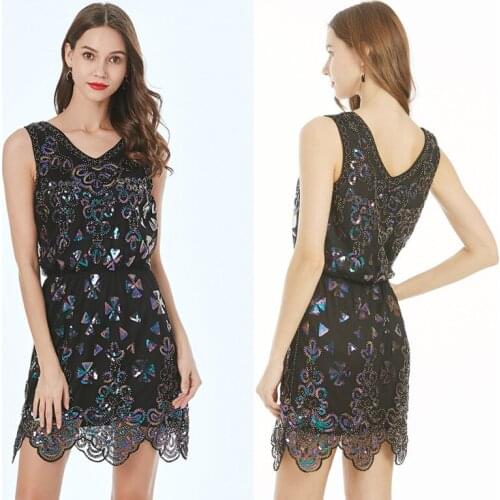 Summer Casual Fashion vintage A-line Sleeveless Knee-length V-neck Beading Embroidery Black Party Sequined Women Dress 9968