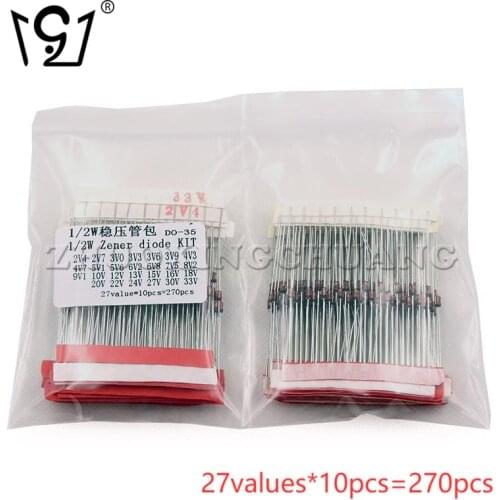 270PCS 1/2W 0.5W in-line zener diode package component package voltage regulator tube 2.4V-33V 27values*10pcs
