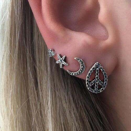 4 Pieces/Set Star Earrings Set Hollow Peace Water Drop Heart Moon Earring For Women Antique Silver Color Jewelry Ear Accessory