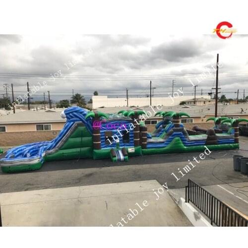 Free ship to sea port,full printing blue palm inflatable slides, inflatable jumping moonwalk house with wet slide combos