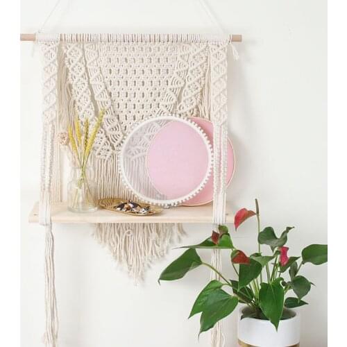 Wooden Double-layer Macrame Wall Hanging Shelf Partition Frame Decoracion Hogar Basket Plant Holder Flower Basket Boho Decor