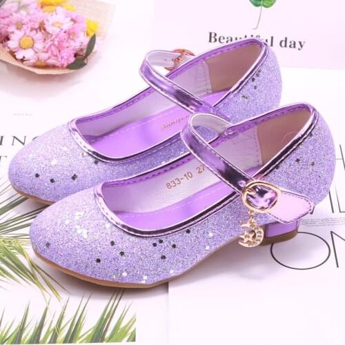 Children Princess Leather Shoes for Girls High Heel Sandals Dress Purple Kids Glitter Crystal Shoes Banquet Party Dance Wedding