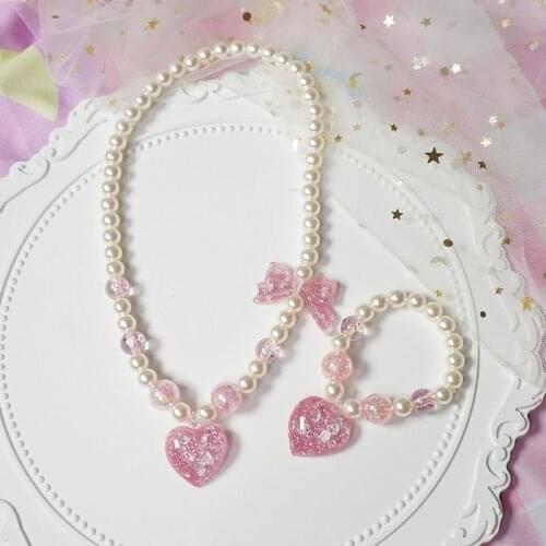 Cute Children Pearl Necklace Bracelet Heart Star Glitter Girls Princess Beaded Jewelry Set Festival